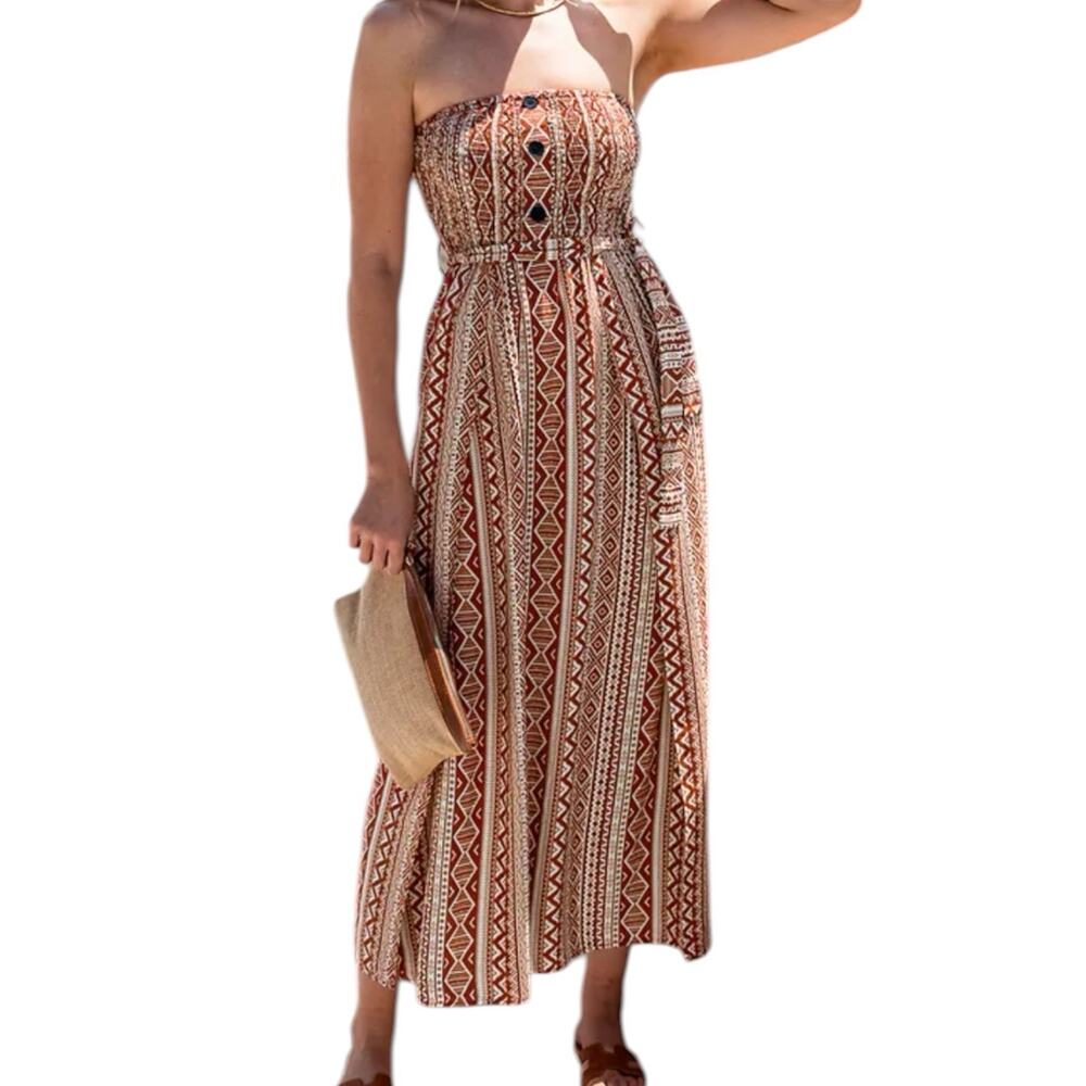 NWT Cupshe Brown Geometric Print Smocked Tube MIDI Dress Size XL
